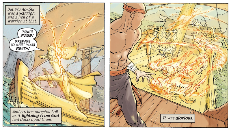 Wu channels her chi into a flurry of fiery arrow volleys.